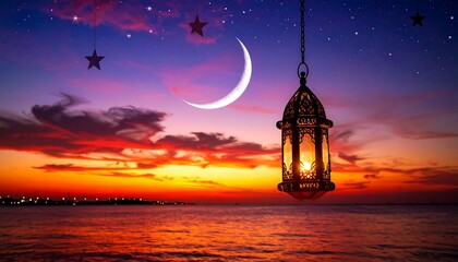 Fototapeta premium Sunset over water, crescent moon, lantern
