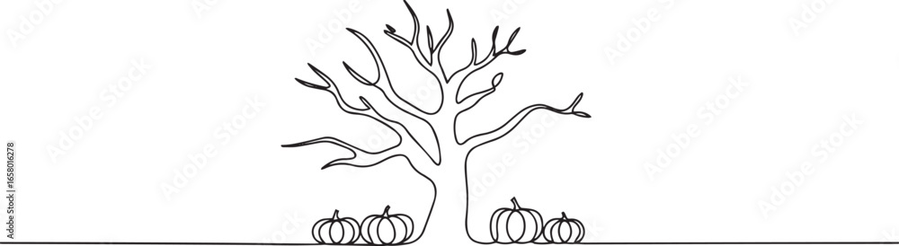 Poster continuous single one line drawing of a tree with bare branches and pumpkins at the base, minimalist