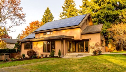 A contemporary home boasts solar panels on its autumn-hued roof, nestled within a tranquil garden setting.