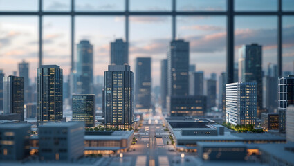 Obraz premium A stunning cityscape view featuring modern skyscrapers and urban architecture against a clear sky