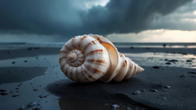 Close up of spiral seashell on wet sandy beach with dramatic storm clouds over ocean horizon creating moody coastal seascape atmosphere