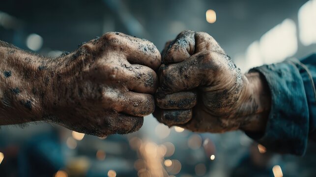 Close-up of Dirty Hands Colliding in a Fist Bump in an Industrial Setting