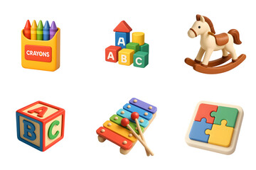 Naklejka premium Collection of classic children s educational toys including crayons building blocks a rocking horse alphabet blocks a xylophone and a puzzle