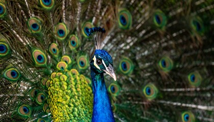 Fototapeta premium Close-up of a peacock's vibrant plumage, showcasing the stunning array of blues, greens, and golds, with a captivating depth of field that accentuates the detailed patterns.