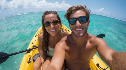 A young couple enjoying a sunny day kayaking in clear turquoise waters. The scene captures their happiness and adventure in a tropical setting.