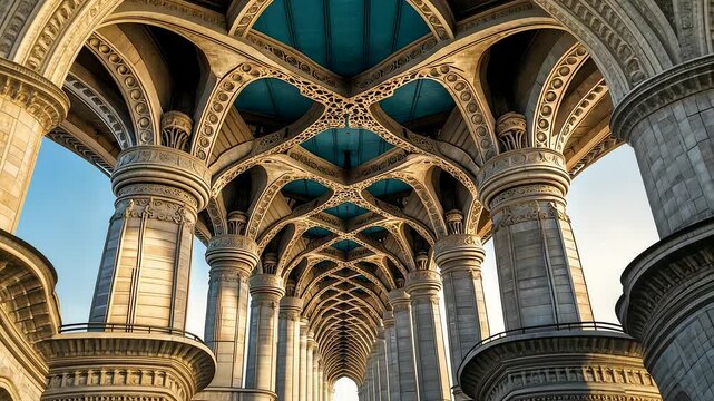 Majestic historic cathedral interior with tall stone arches intricate patterns and bright skylight illuminating columns