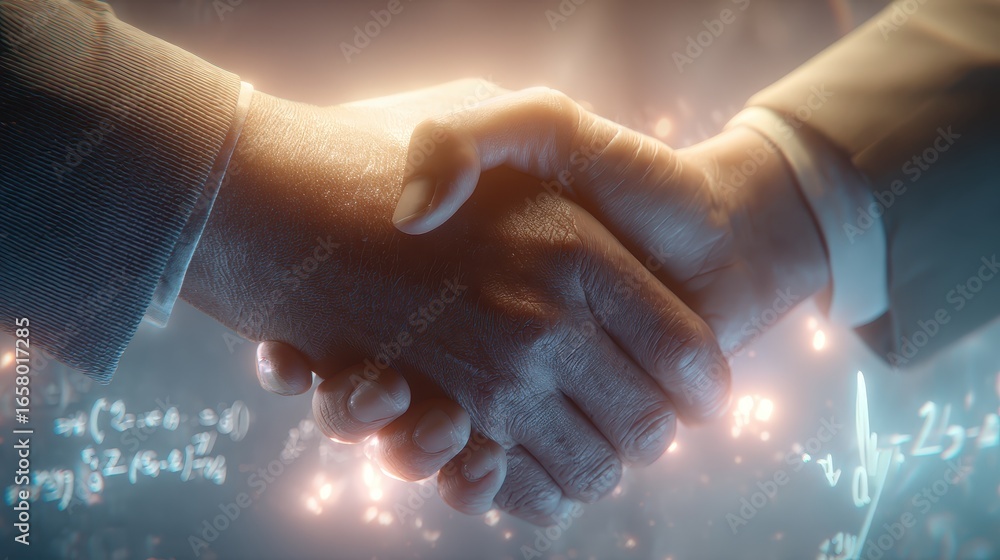 Aufkleber hands shaking in agreement with mathematical formulas in background