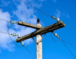 Wooden utility pole with wires against a partly cloudy sky