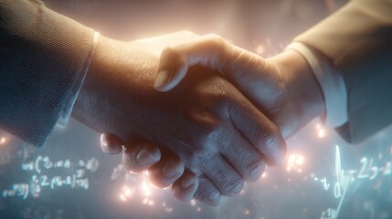 Hands Shaking in Agreement with Mathematical Formulas in Background