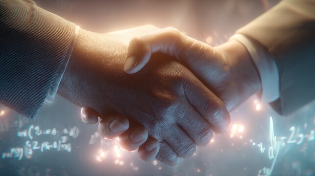 Hands Shaking in Agreement with Mathematical Formulas in Background