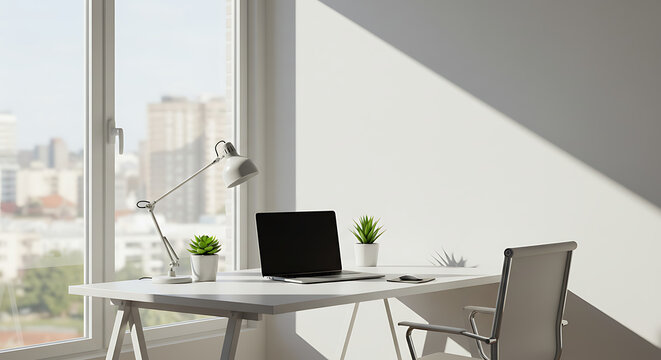 Bright, minimalist home office setup featuring a laptop, desk lamp, small plants, and a chair, illuminated by sunlight streaming through a large window.