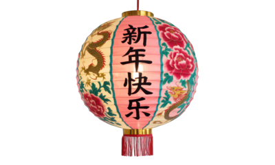 Lit paper lantern with flowers, dragons, and Chinese characters on a black background