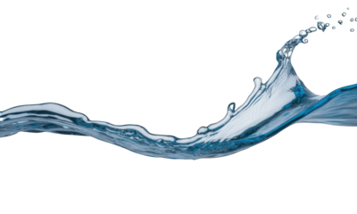 Dynamic splash of clear, blue water against a stark black background