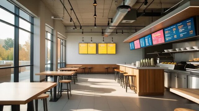 Modern fast food restaurant interior with digital menu boards, wooden tables, bright lighting, and clean contemporary design