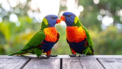 Two rainbow lorikeets face each other on a wooden surface