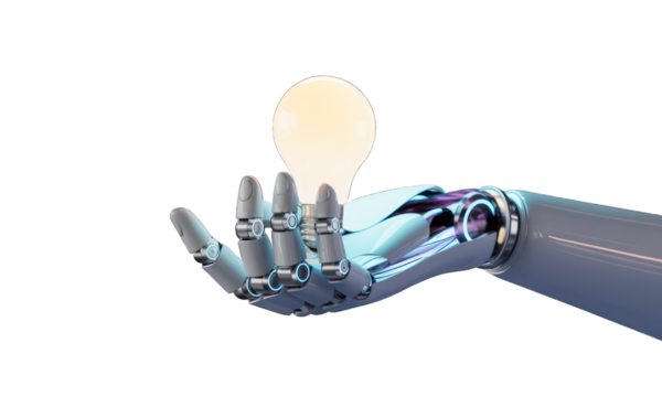 Robotic hand holding glowing lightbulb