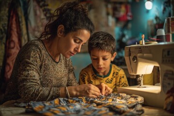 A woman focuses intently on sewing a garment while her young son observes closely, learning the craft in a warm, inviting workspace filled with fabric and creative tools
