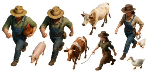Farmers with Livestock and Animals, Isolated on White Background