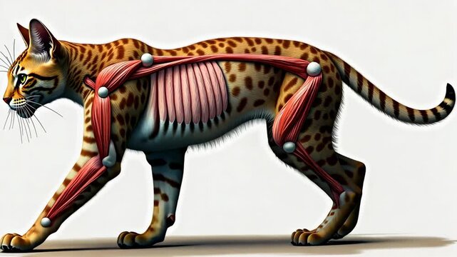 Cat anatomy, muscle structure, skeletal system. Animal biology. Muscles expand during movement. Joints enable flexible motion. 3D medical illustration enhances learning.