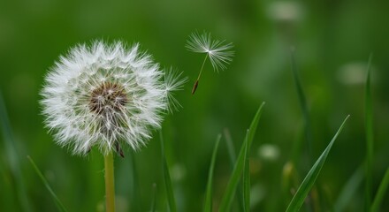 Fototapeta premium Dandelion seed head in a grassy field, seeds drifting away, blurred green backdrop