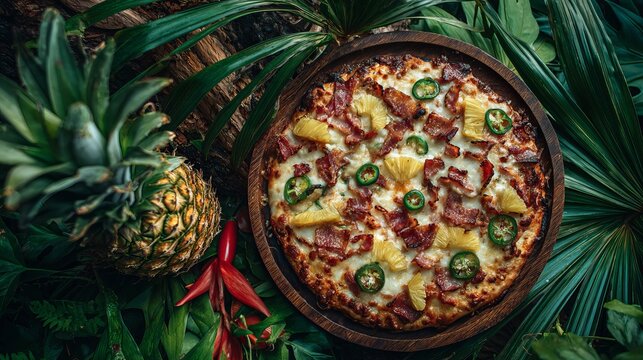 Delicious Hawaiian pizza with jalapeños and pineapple on a wooden board surrounded by lush tropical leaves