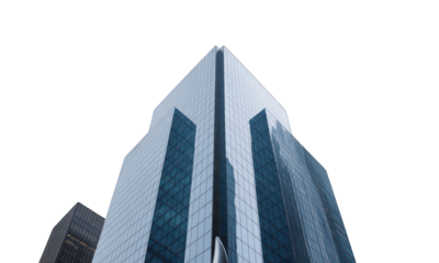 Tall, glass-facade skyscraper looking upward against a dark, cut-out background