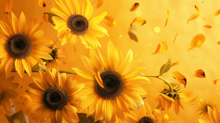 Bright sunflower bouquet petals falling yellow background