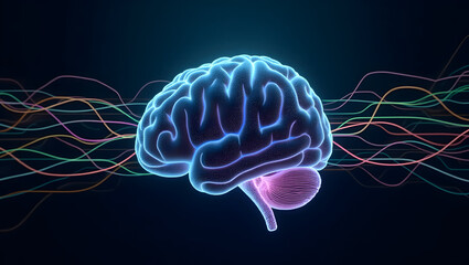 Blue Brain with Colorful Wavy Lines and Data Waves on Dark Background human brain mind