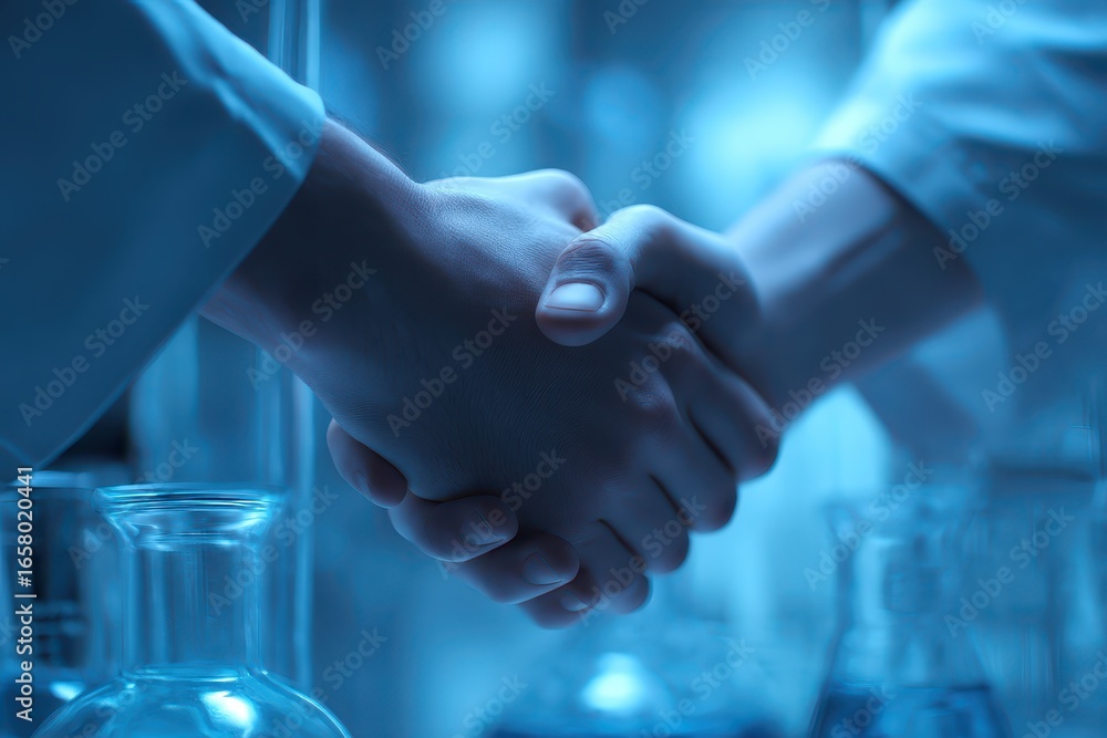 Aufkleber two scientists shaking hands in laboratory setting during collaboration