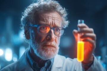 In a dimly lit laboratory, a scientist with glasses intently observes a test tube containing a bright orange liquid. The surroundings suggest active experimentation and research