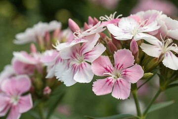 Obraz premium Delicate Pink and White Flowers Blooming in a Lush Green Garden Under Soft Natural Light
