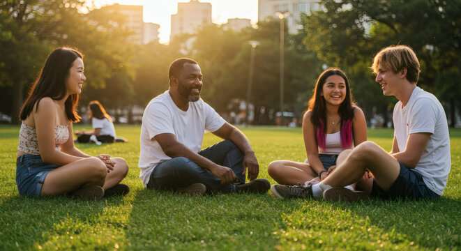 Diverse Group of Friends Enjoying a Sunny Afternoon in the Park