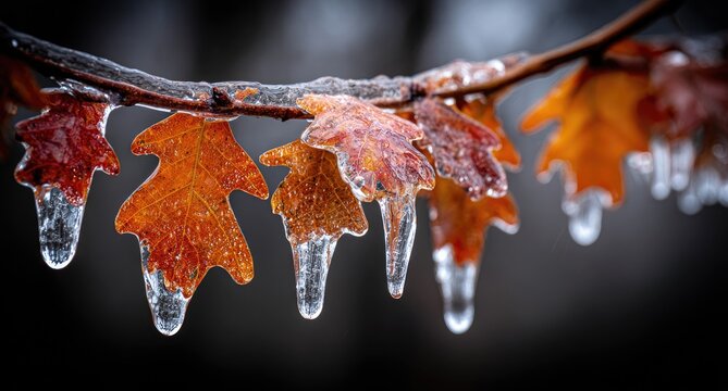 Frozen autumn leaves clinging to a branch