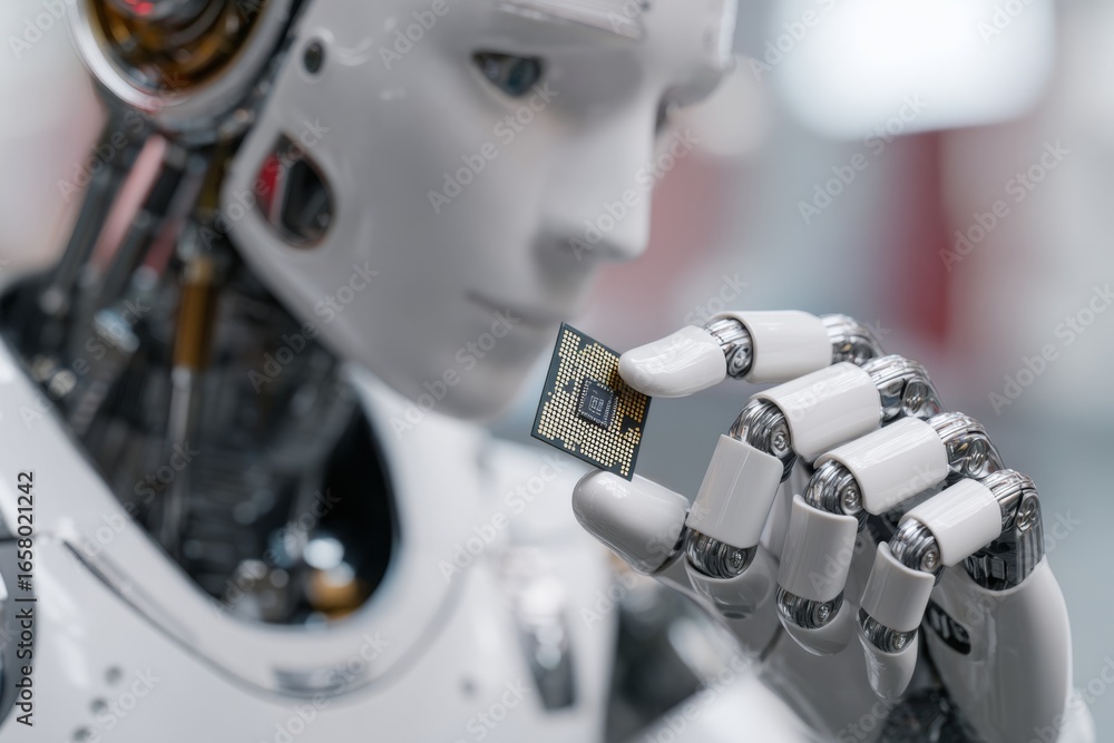 Fototapete a humanoid robot inspects a computer chip with intricate circuits in a high-tech laboratory filled w