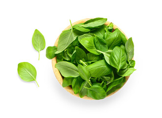 Wooden bowl with fresh basil leaves on white background