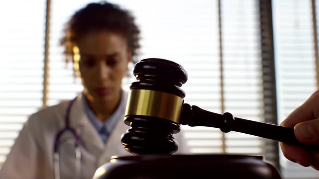 Doctor watches gavel strike in medical malpractice case against hospital during daytime