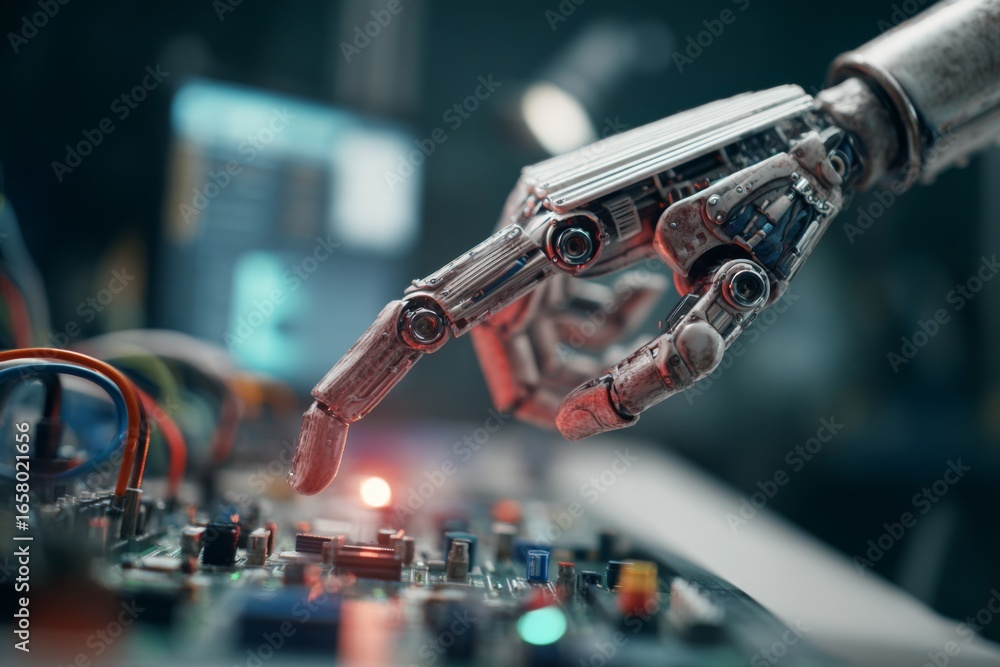 Poster a robotic hand delicately touches an array of colorful electronic components, showcasing advanced te