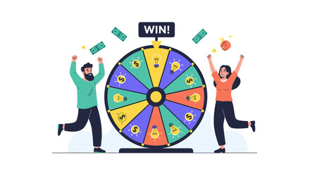 Excited people celebrating a successful wheel of fortune spin and winning cash prizes