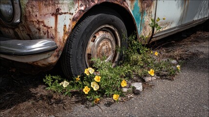 Close-up of an old, abandoned, and rusted car with flowers growing around the tire.