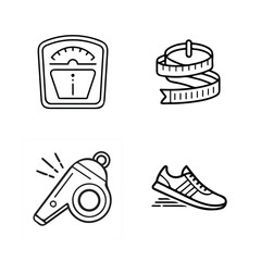 Health and Fitness Tracking Outline Vector Icon Set - Outline Symbols for Weight Loss and Vector Line Icons of Weight Scale, Measuring Tape, Whistle, and Running Shoe for Fitness Concepts.