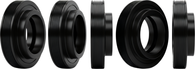 Five black rings with ribbed texture and smooth inner and outer edges isolate Circular Geometric Abstract