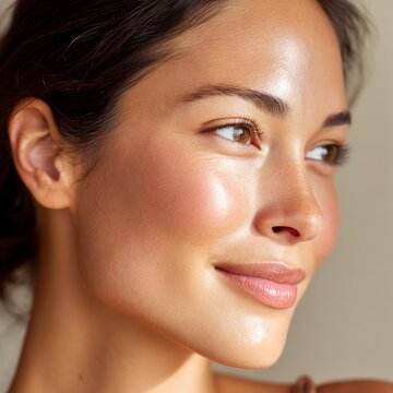 radiant skin woman smiling in natural beauty close-up with healthy glowing face, elegant lifestyle portrait capturing confidence and charm of radiant skin woman in warm light