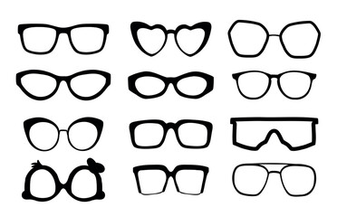 Black outline glasses different shapes set. Sun Glasses set. Sun Glasses of different shapes and colors. Classic Sun glasses shape and retro style.