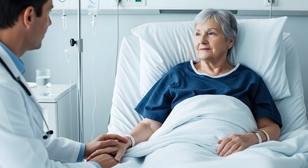 Obraz premium Doctor comforting senior patient in hospital bed, providing care, support, and empathy during her illness and recovery process