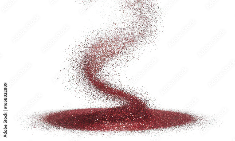 Poster abstract swirling cascade of red particles into a circular pool, dark backdrop
