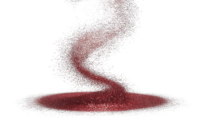 Abstract swirling cascade of red particles into a circular pool, dark backdrop