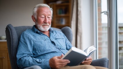 Obraz premium An elderly man with a beard enjoys reading a book in a comfortable chair at home, surrounded by natural light and a warm atmosphere.