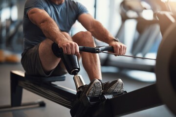 A person with a prosthetic leg is engaged in a rowing workout at a modern gym. Focused on their exercise routine, they are determined to improve strength and endurance