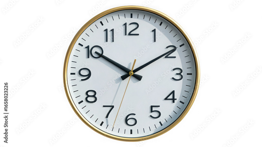 Poster clean minimalist white analog clock with gold frame showing exact time displayed transparent backgro