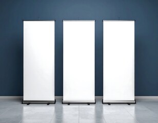 Three blank roll-up banners against a dark blue wall
